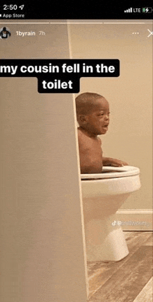 a baby is sitting on a toilet in a bathroom and crying .