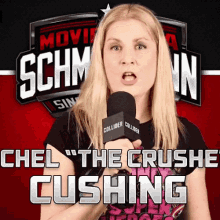 a woman speaking into a microphone with the words " the crushe cushing " written below her