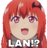 a red haired anime girl with a bat on her head and the words lan ?