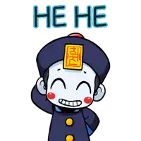 a cartoon character with a sticker on his head that says " he he "