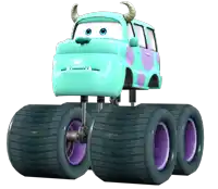 a monster truck with purple tires and horns