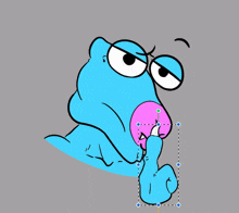 a cartoon of a blue monster with a pink nose giving the middle finger