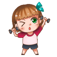 a cartoon girl is lifting dumbbells and making a funny face