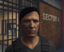 a man stands in front of a brick wall with the word sector a on it