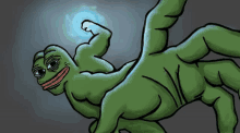 a cartoon drawing of a green frog flexing its arm