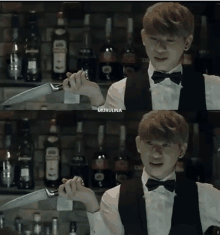 a man in a tuxedo is holding a knife in front of bottles of alcohol and the word murulina is on the bottom