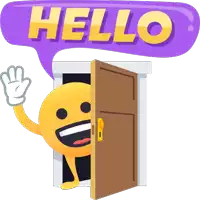 a yellow smiley face with arms and legs is standing in an open door with a speech bubble that says hello