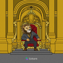 a cartoon of a lion on a throne with the word solbank below it