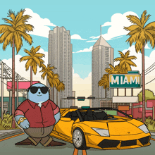 a cartoon of a man standing next to a yellow car with a sign that says miami on it