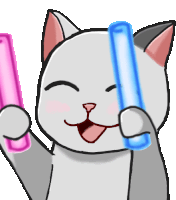 a cartoon cat is holding a pink and a blue light stick