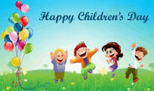 a group of children are jumping in the air in a field with balloons for children 's day .