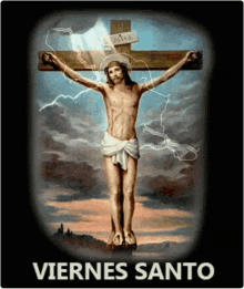 a painting of jesus on the cross with the words viernes santo below