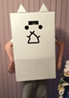 a person is wearing a cardboard box with a cat face on it .