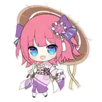 a girl with pink hair and blue eyes is wearing a kimono and a hat