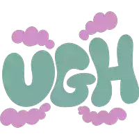 a graphic of the word ugh with pink clouds