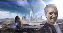 a man stands in front of a futuristic city with a clock tower in the middle