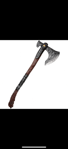 a large axe with a long wooden handle and a metal blade on a white background .