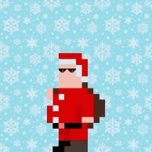 a pixel art of santa claus wearing sunglasses and carrying a bag of gifts