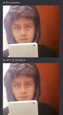 a boy taking a selfie with the words el nft se acerca above him