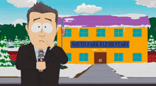 a cartoon character is holding a microphone in front of a south park elementary school