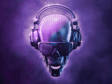 a skull wearing headphones and sunglasses with a disco ball on its head