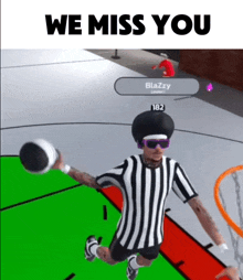 a basketball player is jumping in the air with the words " we miss you " below him