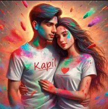 a painting of a man and a woman covered in colored powder