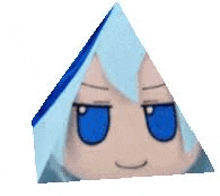 a stuffed animal with blue hair and blue eyes is sitting in a triangle .