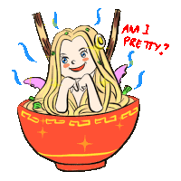 a drawing of a woman in a bowl of noodles with the words am i pretty written on the bottom