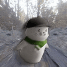 a white cat wearing a hat and scarf is walking down a path .