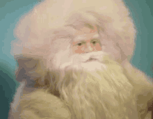 a close up of a santa claus doll with a beard and a white fur hat .