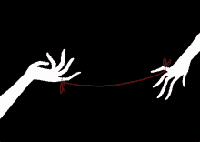 a black and white drawing of two hands reaching for a red string