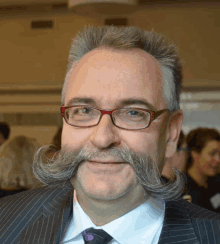 a man with glasses and a large mustache smiles for the camera