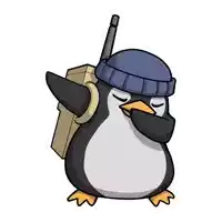 a penguin wearing a blue hat and headphones is holding a radio