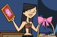 a cartoon girl is holding a book and a basket of easter eggs with a pink bow .