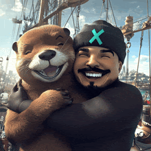 a man wearing a black hat with an x on it is hugging a cartoon otter