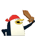 a penguin is wearing a red bandana and holding a sword .