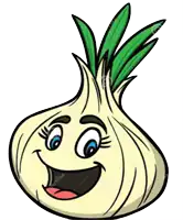 a cartoon drawing of an onion with a smiling face and green leaves