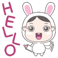 a baby in a bunny costume is holding a bottle and the word hello is above her