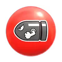 a red ball with a cartoon bullet on it .