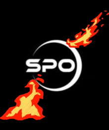 a logo for spo with a crescent moon and fire coming out of it