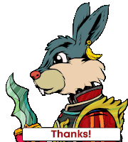 a cartoon of a rabbit holding a sword with a thank you sign below it