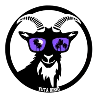 a goat wearing purple sunglasses with palm trees reflected in its eyes is labeled yuta kishi