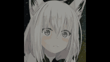 a girl with white hair and green eyes has a fox ear