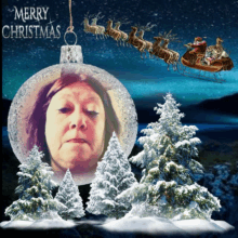 a merry christmas greeting card with a picture of a woman in a christmas ornament