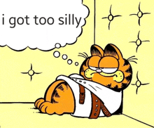 a cartoon of garfield in a straitjacket with the words i got too silly above him