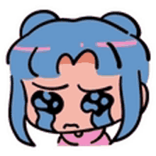 a cartoon drawing of a girl with blue hair crying .