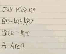 a list of names including jay kweuin ba-lah key dee-nice a-aron