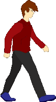 a cartoon drawing of a man in a red shirt and black pants walking