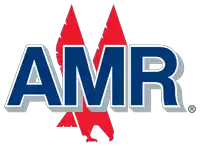 a blue and red logo for amr with an eagle on it